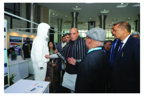 Raksha Mantri Shri Rajnath Singh, during an exhibition on the sidelines of the inauguration of the Indian National Academy of Engineering’s annual convention 