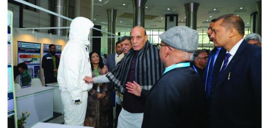 Raksha Mantri Shri Rajnath Singh, during an exhibition on the sidelines of the  inauguration of the Indian National Academy of Engineering’s annual convention 